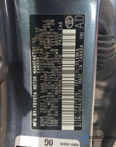 2016 Toyota Corolla L z USA, uszkodzony, nr VIN 2T1BURHE1GC541236